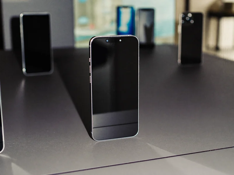 Rangée de smartphones modernes sur une étagère mate, écrans éteints